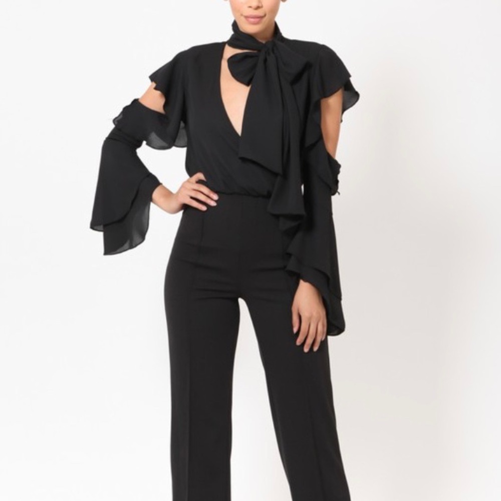 NWT Sexy Black Tuxedo Jumpsuit Cold Shoulder Small - Picture 7 of 9